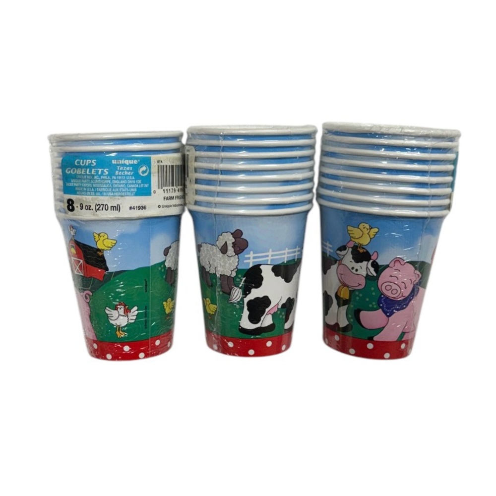 Unique brand 3 sets of 8 cute farm themed cups, 24 total brand new in package!
